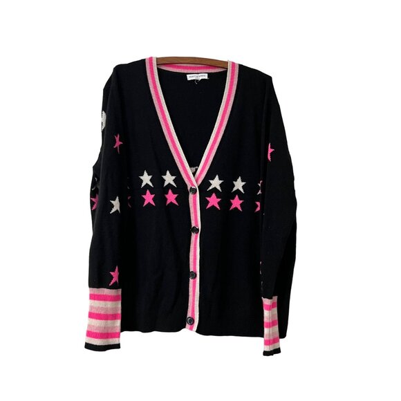 Scott & Scott London Womens Black Pink White Pure Cashmere Star Print Cardigan L - Picture 3 of 9